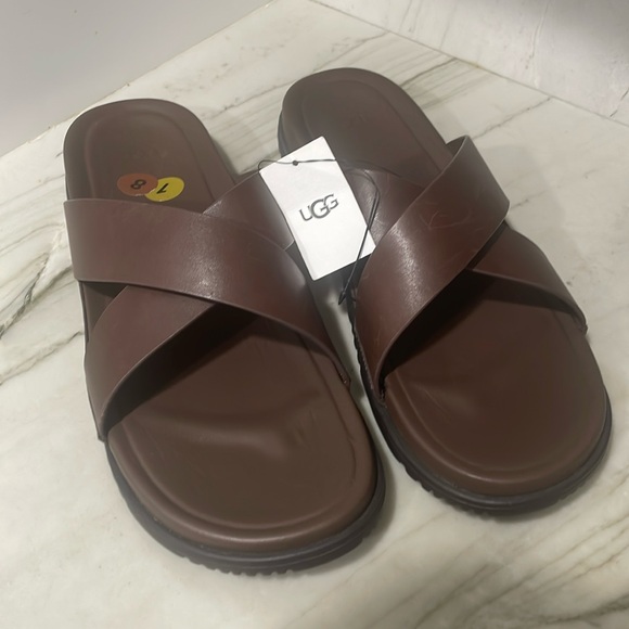 New UGG Men's Wainscott Leather Slip-On Slide Sandal size : 18